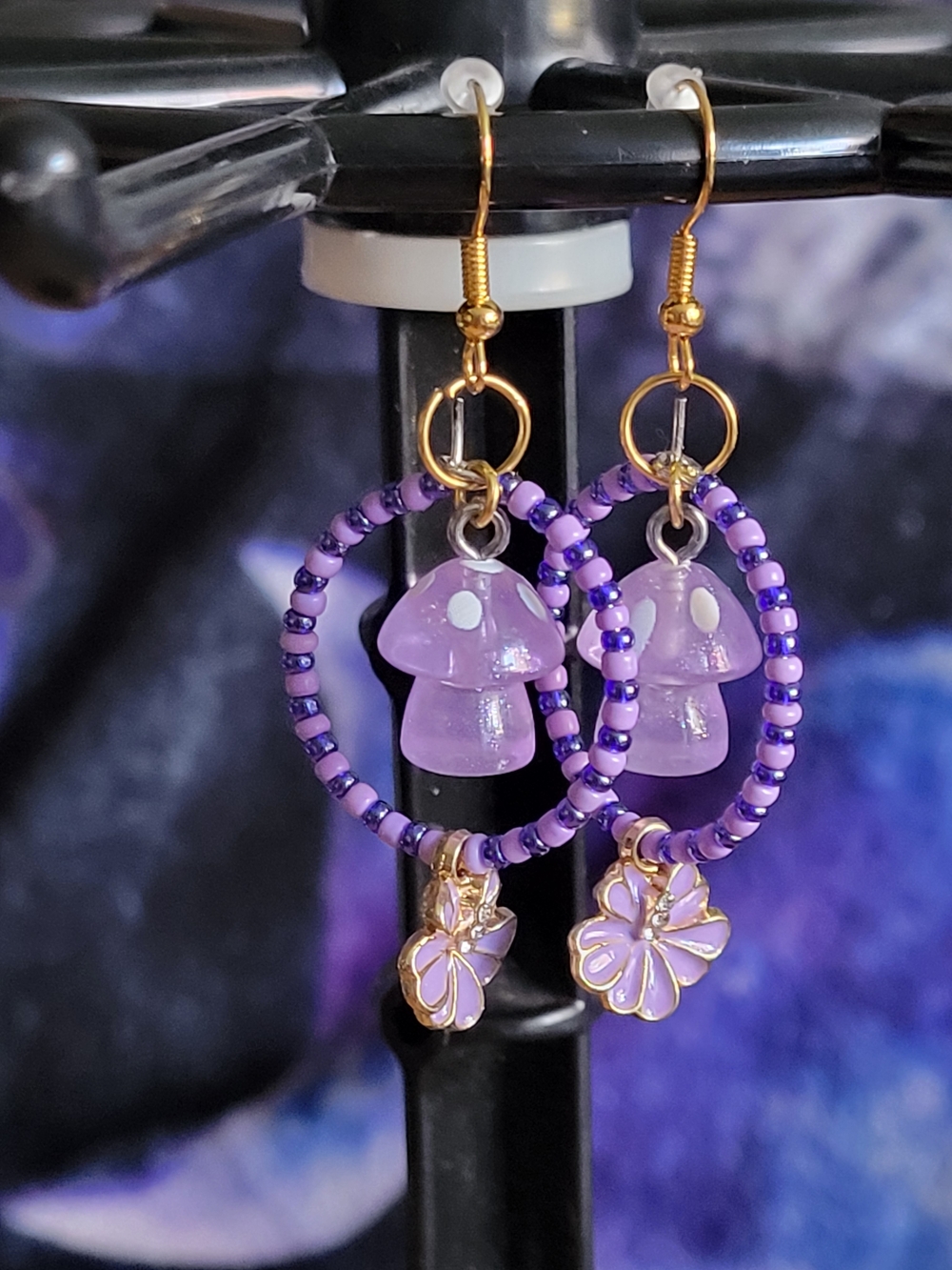 🍁NEW🍁Hand Crafted Purple Beaded Mushroom Hoop Earrings with Gold Accents